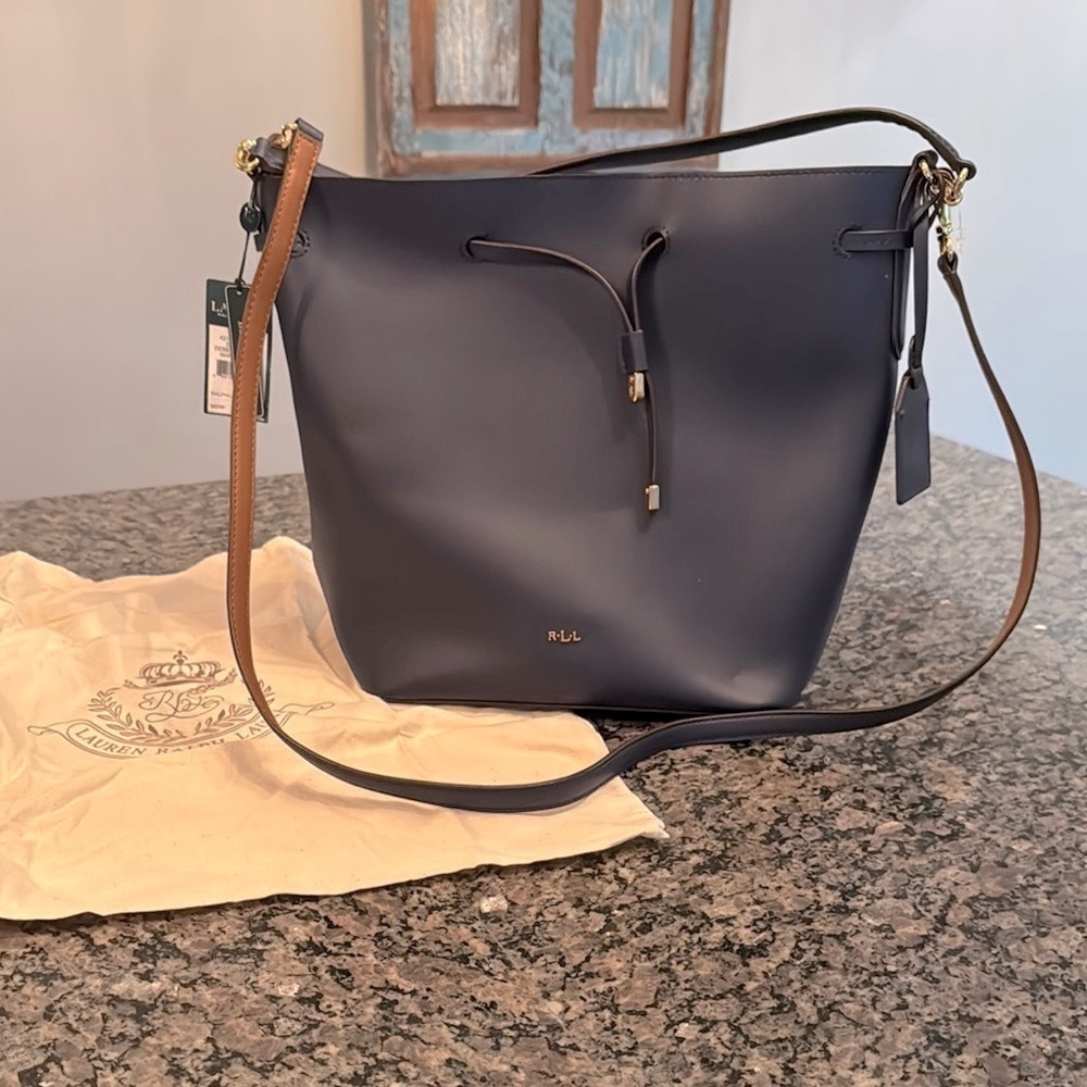 Ralph Lauren Marine Blue Dryden Debby leather Med Bucket Bag adj Strap NWT